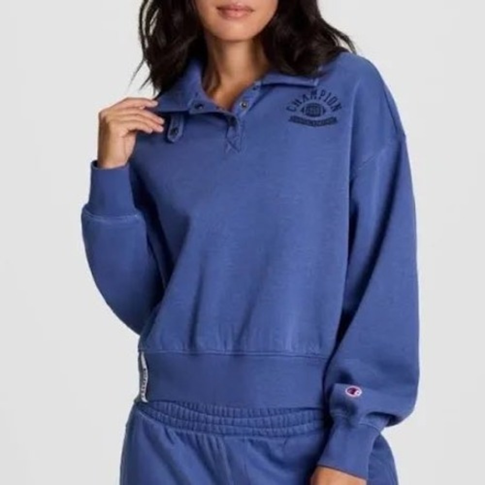 Champion Rec Center 1/4 Snap Crop Pullover Blue Gray Large NWT